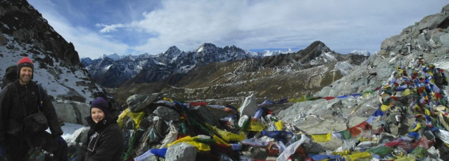 Our plan was to get well acclimatised on our own devices up to Everest Base Camp (5,300m), then meet Phanden at a small village a little back down the Khumbu glacier called Lobuje (4,930m). From here he would guide us for four days, first crossing the Khumbu glacier and Kongma La (5,550m), camping a hundred metres beneath the pass on the far side. Next morning we would climb Pokhalde (5,806m) and then descend to Chhukung, before heading the third morning back up above 5,000 metres to camp another night out, prior to me attempting Imja Tse (6,189m, Island Peak) – my chance to finally break 6,000 metres. A good plan, so long as all our flight connections worked, our baggage didn’t go astray en route, the weather in the Khumbu (December is winter) remained settled and we remained healthy as we acclimatised – my fingers were crossed as we departed Wellington on 28th November! This picture, with Ben in 2009, here at 5,400m on Cho La.