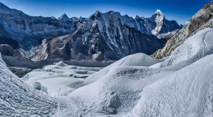 This is a view looking down the icefall from about 5,900m at the bottom of the headwall.  Ama Dablam is far right.