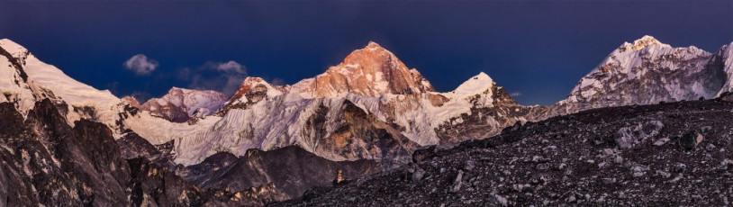 Dusk at base camp. Makalu (8,485m, centre), with Imja Tse (6,189m) beneath and in front of it.