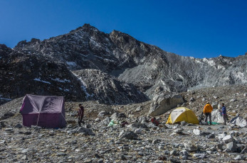 Down at camp we spent the rest of the day eating and keeping hydrated, while pondering our objective of tomorrow – the rocky bulk of Pokhalde, towering more than 350 metres above us. Once the sun set the temperature plummeted. This was the highest I’ve ever slept. Actually, at 5,450 metres we didn’t get much and it was a relief to get going on the climb before dawn next morning.