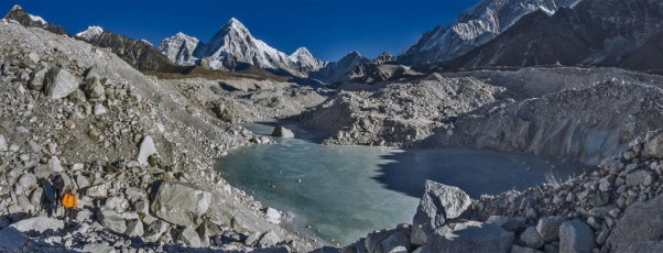 First Kami led us across the labyrinth of the Khumbu glacier, picking our way through vast ridges of rubble-covered ice and surface lakes. The climb to Kongma La (5,550m) was relentless but straight forward and the views both ways from the pass were definitely worth the effort. This picture, on the Khumbu glacier with Pumori behind.