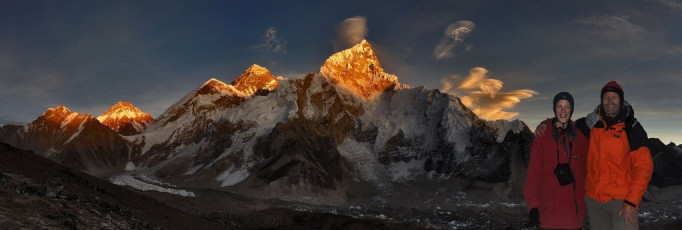 A classic sunset vista from Kala Pattar - from left, Khumbutse (6,665m), Changtse (7,553m), West shoulder, Everest summit (8,850m) and Nuptse (7,861m).