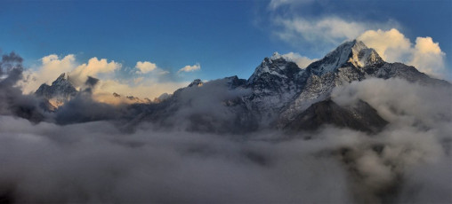 As we worked our way higher, we came upon other trekkers again and again at the lodges. Soon we had several rivals for Dumble – a card game played a lot up in the Khumbu. We also had plenty of trail time to discuss the meaning of life, the universe and everything – no smart devices or TVs to get in the way – although that was our choice. Sadly or otherwise, digital technologies have well and truly arrived in the Khumbu now. A common sight is a porter chatting into his device on the trail, or a local standing out on some promontory trying to get a signal. This picture, from left, Ama Dablam (6,856m), Malanphulan (6,573m), Kantega (6,685m) and Tamserku (6,770m) from Mong La (3,950m).