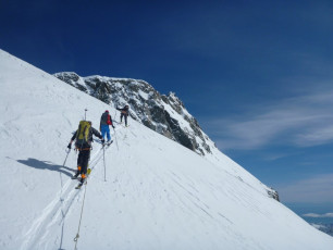 Roped up for the last crevassed section of skinning on our way to  Mt Grey