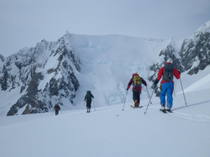 Skinning up beneath Glacier Peak, at the head of the Explorer glacier