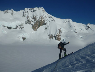 Mark ropes up to investigate the schrund at the start of our ski route.