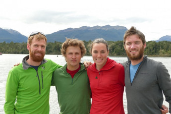 Mark, Alexis, Lydia and I at Te Anau Downs, shortly before finishing up.  I was forced to finish from here by bike and raft due to the re-surfacing of an injury picked up in winter.  The other guys had a magnificent finish through Fiordland’s Heath Mountains and Lake Poteriteri.