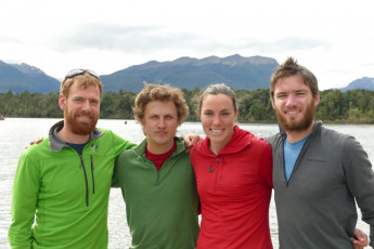 Mark, Alexis, Lydia and I at Te Anau Downs, shortly before finishing up.  I was forced to finish from here by bike and raft due to the re-surfacing of an injury picked up in winter.  The other guys had a magnificent finish through Fiordland’s Heath Mountains and Lake Poteriteri.
