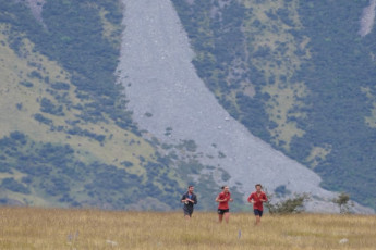 Early on 2 January near Mount Cook Village, having scurried out down the Tasman in a wild storm.  Here, we are running for the Hermitage Buffet, where we wanted be for its 11 am opening.  Some people think that completing an Arthurs Pass – Mount Cook is a feather.  I’m one of them – it’s a hard bit of country.  But on arrival, we were both jubilant and dubious in making our halfway mark.