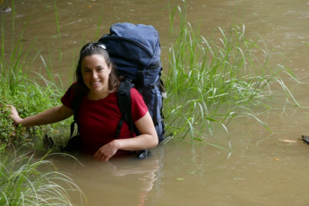 Lydia aka “Lydzo” or “Lyds” McLean in the Matiri Valley north of Murchison just after some big rain.  We had spent the night of the Kaikoura Earthquake (two days prior) at Lake Jeanette, formed by the Murchison earthquake of 1929 and below some very big granite cliffs.