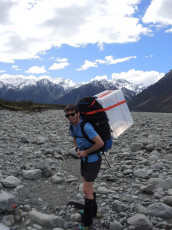 A Pre-trip trip.  Two of our 13 food drops had to be walked in prior to departure.  
Here, I’m hauling a 40kg load into Reischek Hut in the upper Rakaia.