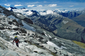 The scree then gives way to bands of rock, waterfalls and snow fields.