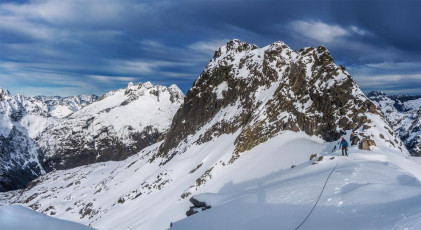 Once on Traverse Pass it quickly became apparent why it is so named. You indeed need to traverse along eastwards to get past cliffs before you can drop down to Gertrude Saddle. Directly ahead here is Mt Talbot (2,105m).