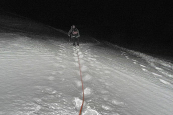 At last, two am and we set off. It was surprisingly mild. Comfortably cool, but not much of a freeze, so we anticipated a fairly slushy descent later. Back across the Plateau, Gary led up through the crevasses of the Linda Glacier. In the dark I was trying to imagine what they looked like. 