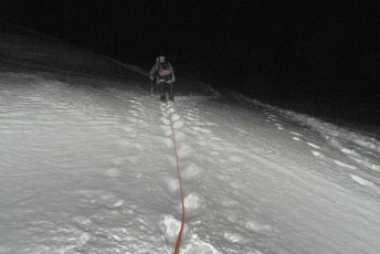 At last, two am and we set off. It was surprisingly mild. Comfortably cool, but not much of a freeze, so we anticipated a fairly slushy descent later. Back across the Plateau, Gary led up through the crevasses of the Linda Glacier. In the dark I was trying to imagine what they looked like.