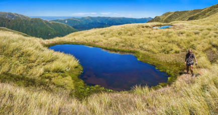 Even so, with our crux behind us we still had some work to do before our day was done. It was clear and calm. And HOT. Beneath Maungamahue we came upon two crystal clear tarns which were too inviting to go past.