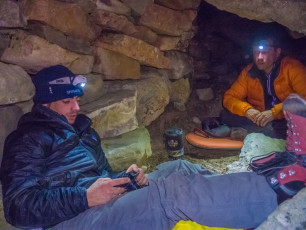 Eventually we reached the bivvy at 1,280 metres, fit to house three at a squeeze, once all the Thar droppings had been excavated. Surprise number two – no water. On account of the huge boulder piles, Cloudy Stream is buried between about 1,050 and 1,400 metres.