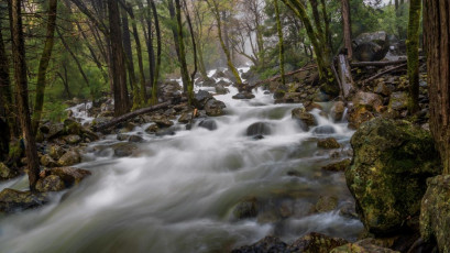 Our round trip to Yosemite Point took six and half hours so, back down on the valley floor, our time at Yosemite was running out. After paying my respects at the base of El Capitan we just had time to pop over to the base of Bridalveil Fall, another impressive gusher in springtime, where we got a good drenching. This image - the river beneath Bridalveil Fall.