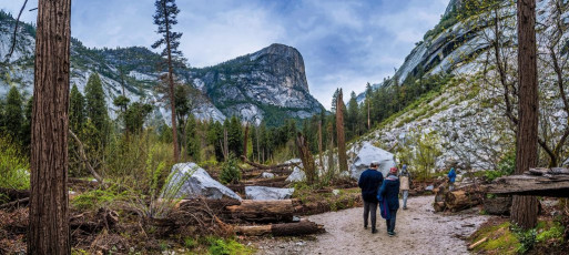 Once in the park it quickly became apparent that there are numerous beautifully formed trails leading up valley and in all directions up the steep valley walls, accessing the tops a thousand or so metres above. One of the most expansive view points, Glacier Point, can be reached by road in summer, but only via a steep climb on foot when the roads are still blocked by snow. This was the case for us, so we opted for a valley walk up under Half Dome on our first morning, with a climb to Yosemite Point on day two. This image - Beyond Mirror Lake, beneath the west face of Half Dome