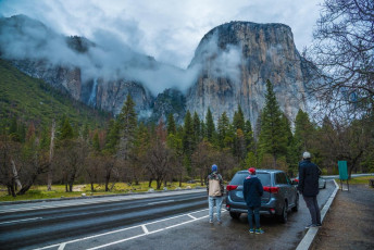 Staying inside the park gates is a good way to avoid the traffic, but accommodation is expensive – the price of fame. To keep costs down there are several camp grounds taking reservations five months out. Yosemite Valley is at about 1,200 metres though, so camping outside of summer is a chilly option. This image - in the Valley, looking up at El Capitan