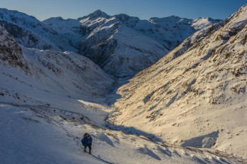 I forged ahead to break trail while Steve beat off his gastro demons. At the end of our tracks of the day before I soon realised that the going under foot had not improved in the slightest, despite the lovely clear night. In fact, it just got worse as we headed up.
