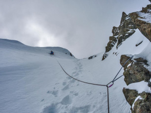 Pitching up unstable snow just beneath the summit of Mount Temple