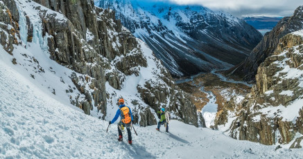 The view east, down Bush Stream, from the shelf we used to access the ice. Our campsite is near where the stream leading out of the couloir meets Bush Stream. The couloir we climbed the day before is just visible at top centre, across the valley.