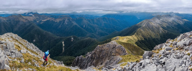 A summit view from Mt Patriarch. The ridge stretching right is the Arthur Range. The ridge leading left gives access to Kiwi Saddle and Luna Ridge.