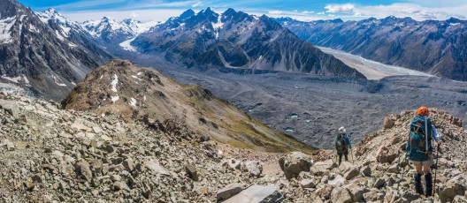 It took two or so hours to drop down to Caroline Hut at 1,800m, where we gratefully restocked our water supplies. From there was some more scrambling to regain the main ridge. At about 1,500m we paused for food. Simon and Caro were suffering from foot strife, having worn their semi rigid climbing boots. My problem was heat, so I went ahead while they aired their feet. This image - Heading down the ridge at about 1,900m, with the Malte Brun Range ahead.