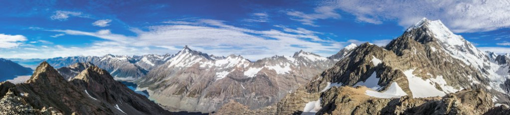 Kaitiaki translates as trustee, or guardian, which perhaps makes Kaitiaki peak the guardian of Ball Pass. As we set off in the direction of Caroline Hut about 10am I was thankful to this Kaitiaki for any role played in laying on such lovely conditions for us. This image - A wide panorama from Kaitiaki Peak (2,222m), looking north to Aoraki Mt Cook and then west and south to Mt Sefton and the Wakefield ridge.