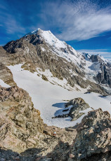 So we did, enjoying an easy scramble up on to what Mr Google then told us is named Kaitiaki Peak. At 2,222m it’s the highest point on the Mount Cook Range to the south of Ball Pass, affording views on another magnitude of fabulousness than back down on the Pass. Life was good.