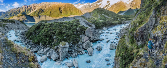 Many years before, I’d crossed Copeland Pass which, at the time, seemed reasonably straight forward, so I wasn’t expecting the Ball Pass route to be too challenging, especially in summer. But right from the get go this route continued to surprise us.
We set off from the Whitehorse carpark (Hooker Valley) in calm fine weather and soon realised that our choice to go west to east was a good one. Doing it this way had us nice and cool until mid day in the shadow of the Mount Cook range directly above. We would also later discover that the steepest sections of the route are on the western side – easier to ascend than descend.
At the first swing bridge on the tourist trail leading to Hooker Lake we declined the bridge, staying on the steep craggy ground on the true left of the river. Our understanding was that this is where you had to go to access the moraine on the east side of Hooker Lake. This image - Tracing the true left side of the Hooker River, not realising that the tourist trail now crosses the river higher up.