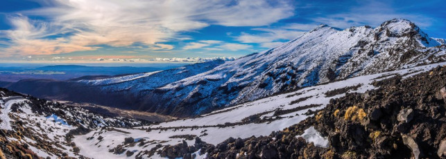 Tongariro and the ridge leading down to Mangatepopo Stream and Hut, viewed from the east on the southern section of the Tongariro Crossing.