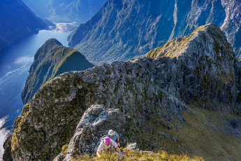 It required some trial and error to find the safest route up out of the notch. But in the calm, dry conditions we enjoyed, there was no need for a rope, just patience and concentration, particularly for the first fifty or so metres. I must confess that Mitre Peak continued to surprise me all the way though. After the crux I’d expected that the gradient would relent more than it did. All the way to our turn around point at 1,430m exposure was ever present and steep stair cases continued to present themselves. This image - Leaving the steepest crux portion directly above the notch, at about 1,350m.