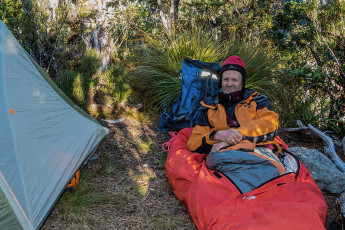Simon and Caro were in their tent overnight. I was under the stars and a sand fly head net in my bivy bag. Once the sand flies ceased their sieging of my head about 10pm I enjoyed the night sky and noticed how the wind eventually dropped away altogether.