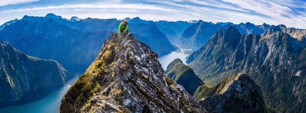 The view back down Mitre Peak's knife edged ridge from our high point at 1,430m