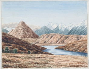 Lake Pearson from Craigieburn Station.  w/c; 22.9 x 29 cm; by Charles Enys. nla.pic-an3635858.