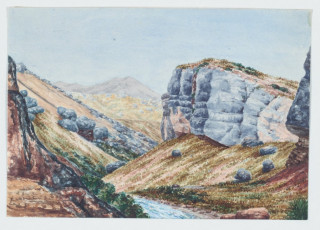 Gorge on the Porter above the junction of Broken River, Castle Hill run.  w/c; 17.3 x 25cm; by Charles Enys.  
