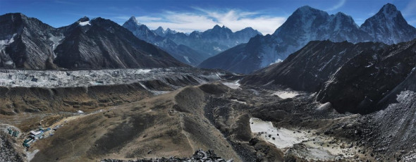 The view from Lobuje Hill (5,200m), looking back down the Khumbu Glacier to Ama Dablam (centre left) and Tawoche and Cholatse (right). Lobuje is bottom left and Kongma La and Pokhaklde are on the left skyline