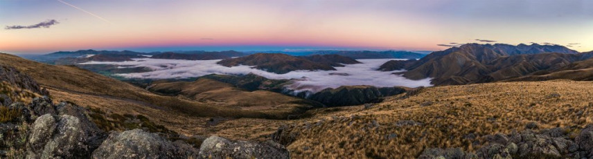 This image - A dawn panorama from 1,300m, taking in the Winterslow Range (right), Manuka Range and Clent Hills (left)