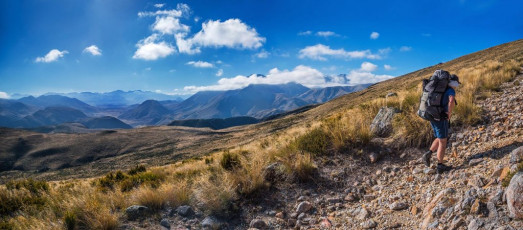 As the track starts to veer north there is an old 4WD track that climbs north and then east, leading to a large tussock and wetland shelf at around 1,200 metres. This image - Climbing the abandoned 4WD track eastwards, with the Manuka Range and Clent Hills in the distance