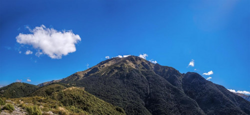 For one, it’s big. From the Sharplin Falls carpark to the summit involves a 1,200 metre height gain. The standard route can be done in a day, but there are good reasons to take less direct routes so you can enjoy some fine Canterbury high country scenery. From Sharplin Falls carpark the south face route heads left/west, climbing steadily to Staveley hill at 1,085m. This is where the standard route to the summit branches right, becoming the Mount Somers Summit Track. Another 700 metres of relentless slog, up through rocky terrain, will see you on the summit (1,688m). This is the way we descended. This image - Looking back to Mt Somers' summit, from near Staveley Hill (1,085m)
