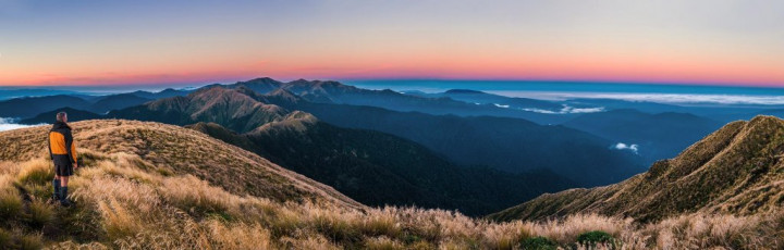 At sunrise on Aokaparangi, looking south and west. At left is the main range leading to Mt Hector. In the distant right is the Kapiti Coast