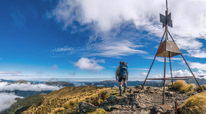 But no matter, my plan didn’t involve Powell Hut this time. I wanted to tread some new ground west of Holdsworth, plunging from Holdsworth’s trig at 1,470m, down a vertical kilometre to Mid Waiohine Hut at 380m. After a brew at the hut, cross Waiohine River and scramble all the way back up to 1,354m on the top Aokaparangi, on the main spine of the Tararuas. This image -  Mt Holdsworth trig, looking west to Isabelle and the main range