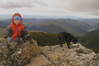 Will, then 4 years old, with Polly, beneath Powell Hut