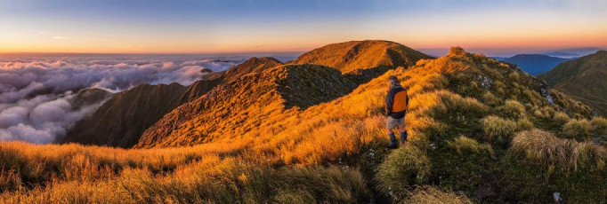 When I’m in the hills my appetite isn’t that strong and often I’d rather drink than eat, especially during summer months. I had to ration my puddle water too, in order to avoid a two-hour-return side trip to Kime Hut for more water, or at best, an hour-return to reach a small tarn beneath the south side of Field Peak. I’ve found that iced coffee Up and Gos really are the business – a morning coffee, a drink and a breakfast all in one, requiring no preparation or utensils. This image - Dawn view along the final section of ridge to Mount Hector (centre), the Beehives (left) and Kapakapanui and Kapiti Island (distant right)