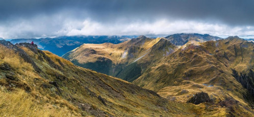 And a steep scramble leading up to a 1,674m highpoint to the west couldn’t be ignored. Once on top, again we were rewarded with beautiful views. The cloud base smothered the last 50 or so metres of distant Mount Technical, but everything lower than about 1,800 metres was in view. This image - A view east from the 1,674m high point, back to Brass Monkey Biv (lower right) and the route we took that day back to Mt Technical - top right, shrouded in cloud