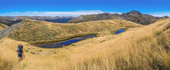 Because the north ridge of Mount Technical is graded a 3, we carried a rope, harnesses and some rock anchors. We also had a tent and other related paraphernalia, so the weight of our packs had the sweat streaming out of us in the bright sunshine as we made our way along the tops, passing numerous inviting looking tarns. The north ridge of Mount Technical was soon in view, looking suitably craggy. This image - Mt Technical, right, with the Opera and Libretto Ranges to the east