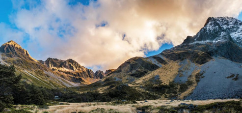 Another three hours and I trudged in to Upper Travers Hut. James, who is an energiser bunny on steroids, had romped ahead and had the billy boiling for when I arrived. This image - Mt Travers (right) and Upper Travers Hut (1,310m)