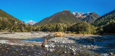 I was slow. We reached John Tait Hut after four and half hours, had some lunch and then, as the gradient increased beyond John Tait, my pace slowed further as my misery levels increased. This image - Mt Travers (2,338m - left) viewed from the river flats before John Tait Hut